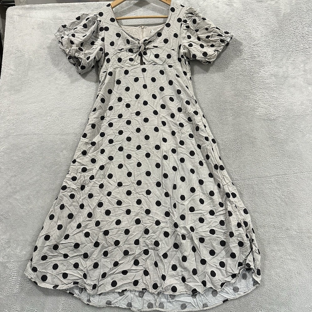 Aaron & Amber Maxi Dress Women M Grey Black Puff Sleeve Polka Dot Vneck Coquette